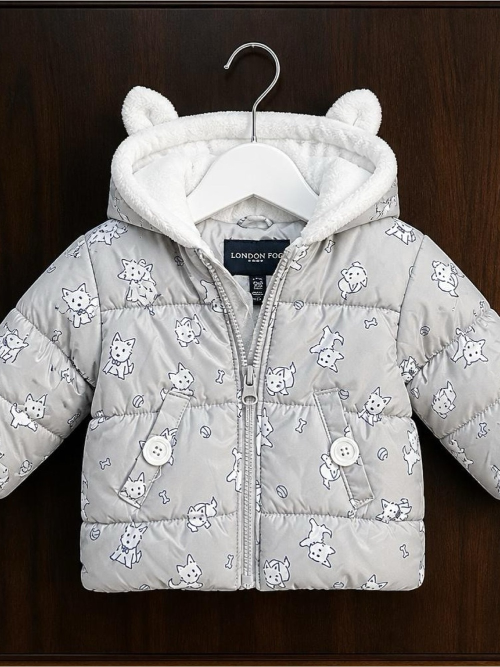 London Fog Baby Gray Dog Print Sherpa Lined Hooded Puffer Jacket 5M